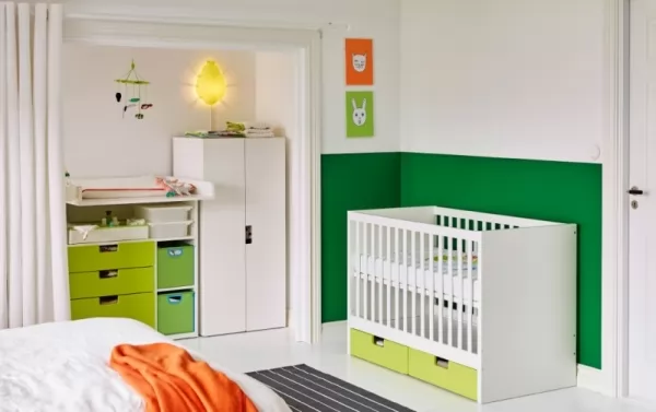 المزج بين اللون الاخضر والبرتقالى مع الابيض فى ديكورات غرف نوم اطفال حديثي الولادة 2018